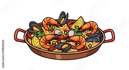 Authentic paella illustration bursting with seafood in a traditional pan  a culinary delight
