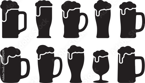 Collection of Beer Mug and Glass Silhouettes Various Styles and Shapes. Vector Black silhouettes. with white background