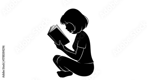 Captivating reading moment, silhouette of a girl engrossed in her book illustration