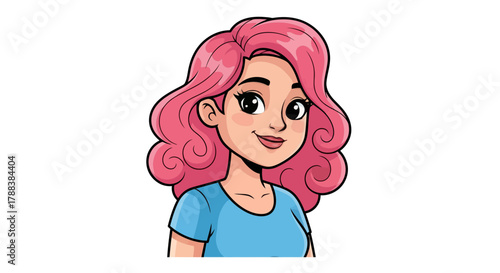 Cartoon character illustration of a young woman with pink curly hair and a blue shirt