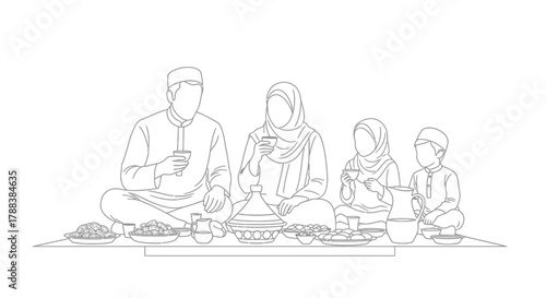 Line art illustration of a family enjoying a meal together