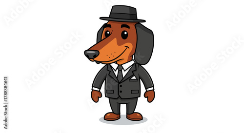 Cartoon dachshund character dressed in suit and hat, perfect for cheerful branding or mascots