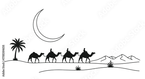 A simple black and white illustration of camels palm trees and a crescent moon