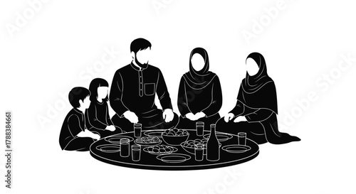 A family silhouette seated around a circular table enjoying a meal iftar together