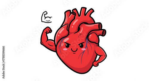 Cartoon depiction of a powerful heart with muscular arms and determined facial expression