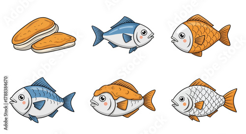 Cartoon depiction of varied fish species alongside bread slices on a white backdrop