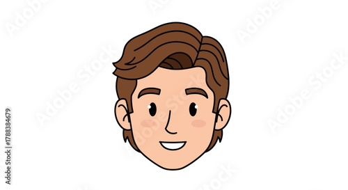 Cartoon face of a smiling man with brown hair and simple illustration style design