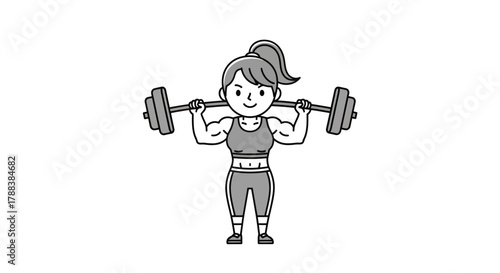 Cartoon fitness woman lifting barbell showcases strength and determination with weights