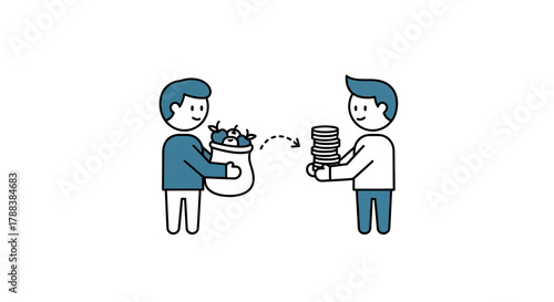 Cartoon exchange illustration showcasing a barter of goods for currency in a simplified style