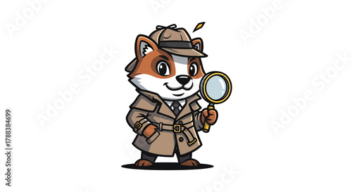 Cartoon fox detective character in trench coat with magnifying glass illustration