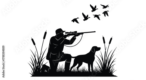 A silhouette of a hunter aiming his rifle with a dog and birds