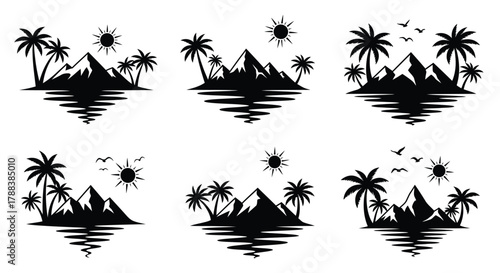 Tropical island silhouettes with palm trees mountains sun and water reflections