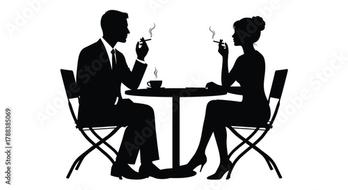 Silhouette of a couple seated at a table smoking and enjoying coffee