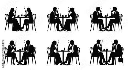 Silhouettes of people dining together at tables in a social setting
