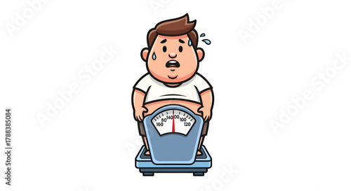 Cartoon illustration of an overweight man with surprised expression on a weight scale