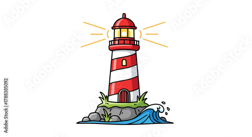 Cartoon lighthouse emitting bright beams on a rocky coast, a charming navigational beacon