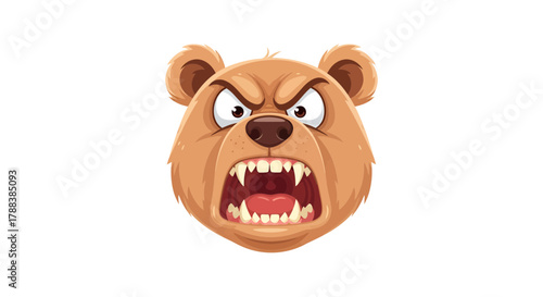 Cartoon illustration showing the ferocious expression of an enraged brown bear against a white
