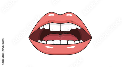 Cartoon Mouth Illustration with Pink Lips, Showing Teeth and Tongue on White Background