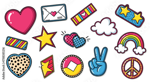 Cartoon style stickers with retro pop art elements, vector graphics and bright colors cheerful and