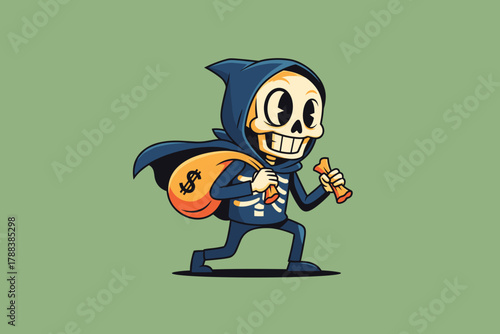 Cartoon Skeleton Thief with Money Bag and Bone.