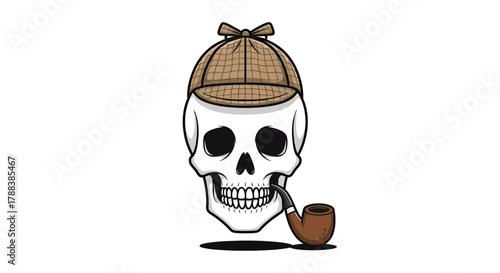 Cartoonish skull adorned with a deerstalker cap and smoking pipe conveying a mystery theme