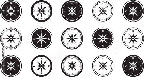 Assortment of black and white compass rose icons with directional markers Keywords: compass, compass
