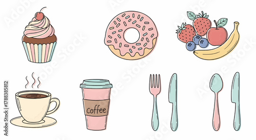 Colorful breakfast and dessert illustration set featuring donuts, cupcakes, fruit bowl, drinks, and dining utensils