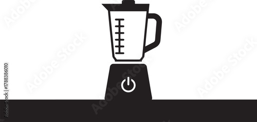Black and white icon of a blender with power button on a surface kitchen appliance