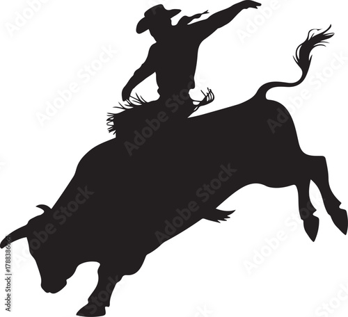 Silhouette of a cowboy riding a bucking bull in a rodeo competition. Vector Black silhouettes. with white background