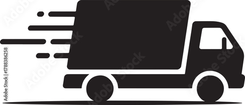 Black delivery truck icon with motion lines on white background transport shipping