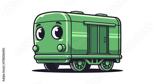 Charming green cartoon train carriage with expressive eyes isolated on white backdrop