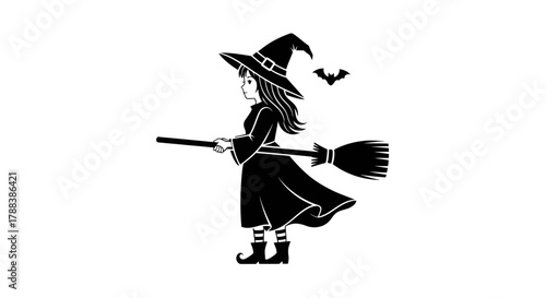 Charming silhouette depiction of a whimsical young witch with a broom flying in the night