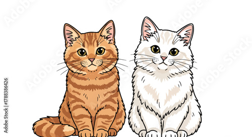 Charming pair of cartoon cats, one ginger tabby and one fluffy white, sitting attentively side by