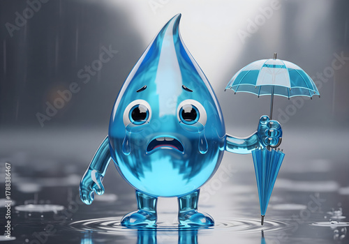 3D cartoon sad raindrop character crying in the rain with an umbrella.