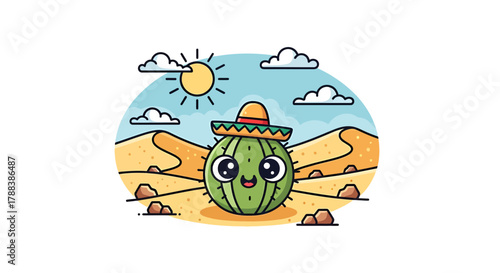 Cheerful cactus wearing a sombrero enjoying the sunshine in a desert landscape illustration