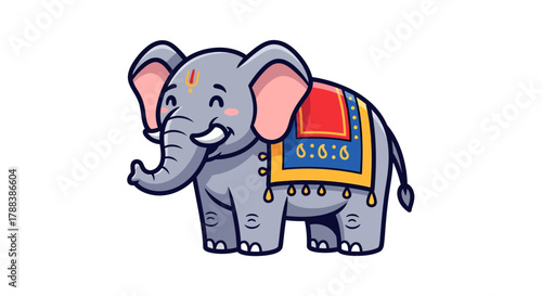 Cheerful cartoon elephant with decorative saddle ornament creating a celebratory vibe