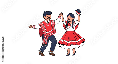 Cheerful folklore dance illustration depicting a couple with traditional attire in vibrant red and