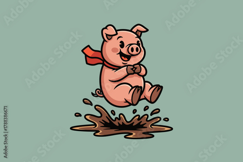 Cute Pig Superhero Jumping in Mud Puddle Playfully.