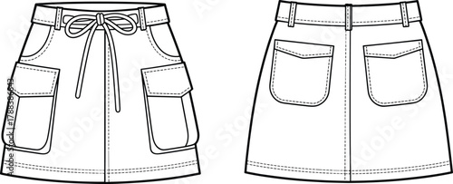 Cargo mini skirt technical flat, drawstring waist skirt front and back view, vector fashion CAD design, apparel template illustration