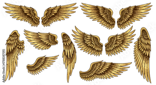 Collection of Golden Angel Wings in Various Poses Representing Flight and Divine Inspiration
