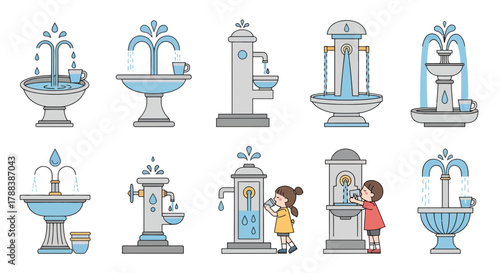 Collection of water fountains and drinking stations in various designs for public spaces