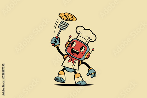 Retro Robot Chef Flipping Pancakes with Spatula.