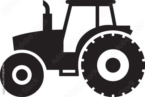 Black silhouette of a farm tractor with large wheels and exhaust pipe Keywords: tractor, farm