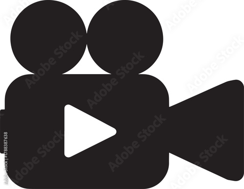 Black silhouette of a vintage movie camera with a play button symbol Keywords: movie camera, film