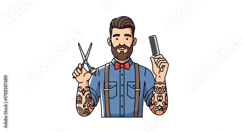 Confident bearded barber cartoon character holding scissors and comb ready for haircut