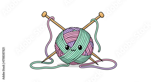 Cute yarn ball character with knitting needles inviting you into creative crafts