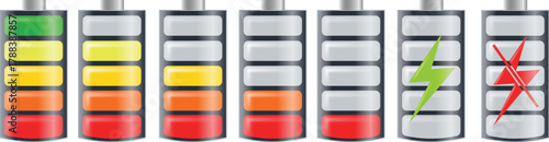 Vector battery level icons representing power, energy, and charging status. Perfect for technology, mobile devices, and modern flat user interface designs.