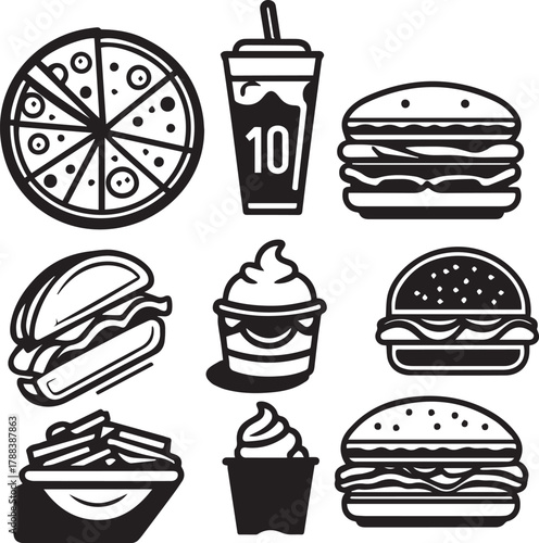 Black silhouette Fast Food icons Burger fries drink etc vector on white background 