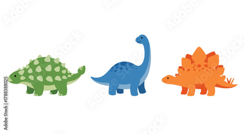 Delightful cartoon dinosaurs: An ankylosaurus, a sauropod, and a stegosaurus in playful poses