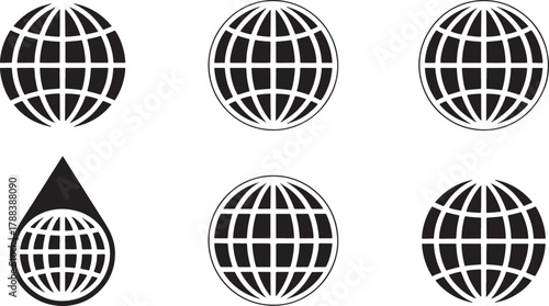 Collection of Six Globe Icons With Grid Lines And One Inside A Water Droplet world earth